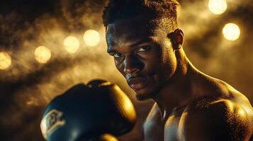Man is boxing in a ring with sweat dripping down his face. Concept of determination and focus as the boxer prepares to throw a punch photo