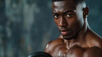 Man is holding a dumbbell and has sweat on his face. He looks determined and focused photo