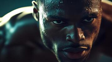 Man with a sweaty face and a serious expression. The man is wearing a shirt and is looking at the camera photo
