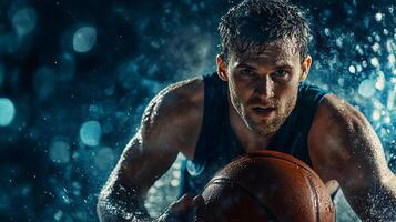 Man is playing basketball in the rain. He is holding a basketball and is in the middle of a game photo
