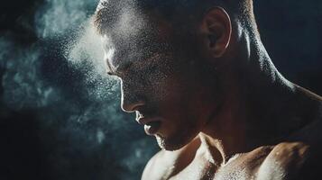 Man is sweating and has a lot of sweat on his face. The man is in a gym and is working out photo