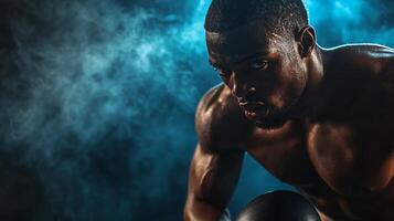 Man with a muscular build is sweating in the gym. The atmosphere is intense and focused, as the man is determined to push himself to his limits photo