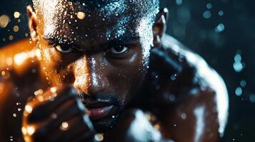 Man with sweat on his face is boxing. Concept of determination and focus as the man prepares to throw a punch photo