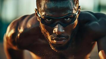 Man with a beard and glasses is sweating and looking at the camera. Concept of determination and focus, as the man is in the middle of a workout or training session. The sweat on his face photo