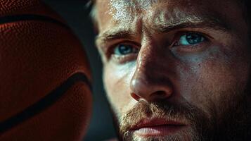 Man with a beard and blue eyes is holding a basketball. Concept of focus and determination, as the man looks directly at the camera while holding the ball. The man's facial expression photo