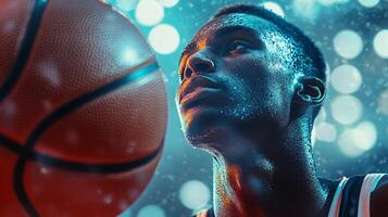 Basketball player is looking at a basketball. The image has a mood of determination and focus. The player is likely preparing to shoot the ball or is in the middle of a game photo
