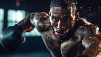 Man with tattoos on his arms and face is boxing. He is sweating and has a determined look on his face photo
