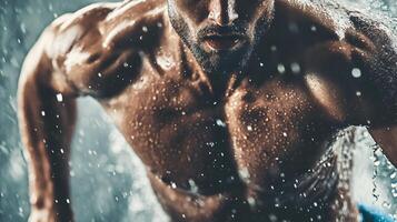 Man with a wet shirt and wet hair is running. The man is sweating and he is in a hurry photo