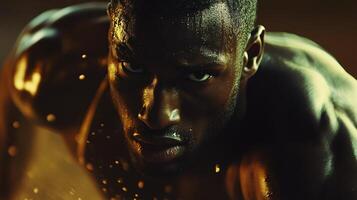 Man with sweat dripping down his face. The man is wearing a black shirt and is looking at the camera photo