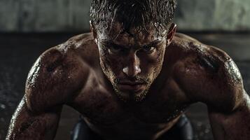 Man with sweat dripping down his face is shown in a gym. The man is in a serious and determined mood, as he is working out and pushing himself to his limits photo
