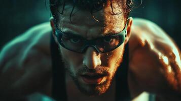 Man with a beard and glasses is sweating and looking at the camera. Concept of determination and focus, as the man is in the middle of a workout or training session. The sweat on his face photo