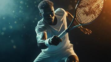 Man is playing tennis with a racket. The image has a mood of determination and focus. The man is fully engaged in the game, and his posture photo