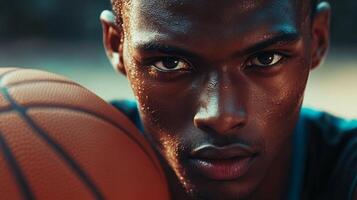 Man with a basketball in his hand. The man is sweating and has a serious look on his face photo