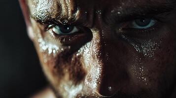 Man with sweat on his face and a serious expression. The man's eyes are open and staring straight ahead photo