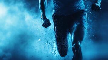 Man running in the rain with his arms outstretched. Concept of determination and perseverance as the man pushes through the wet conditions photo