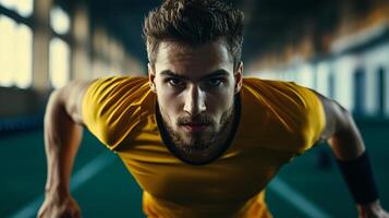 Man in a yellow shirt is posing for a picture. He is sweating and has a serious expression on his face photo