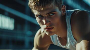 Man with a muscular build is wearing a white tank top and is looking at the camera. Concept of determination and focus, as the man is preparing for a physical challenge or workout photo