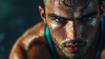 Man with sweat on his face and a beard. He has a serious look on his face photo