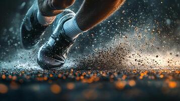 Person running with their feet in the air and the ground covered in small rocks. Concept of motion and energy, as if the person is in the middle of a race or a sprint photo