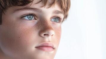 Boy with a beard and freckles stares at the camera. The boy's eyes are blue and he has a serious expression on his face photo