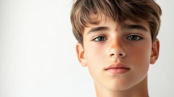 Boy with a beard and blue eyes. He has a slight smile on his face. He is looking at the camera photo