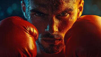 Man wearing boxing gloves with sweat on his face. The man is wearing a red glove and has a serious expression on his face photo