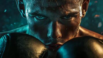 Man with sweat on his face and a boxing glove on his left hand. The man is looking at the camera with a serious expression photo