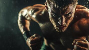 Man with a muscular build is running with his arms outstretched. Concept of determination and strength photo