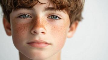 Boy with red spots on his face is smiling. The boy has a blue eye and a red nose photo