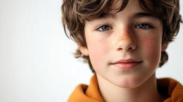 Boy with a beard and freckles is smiling at the camera. He is wearing a yellow hoodie photo