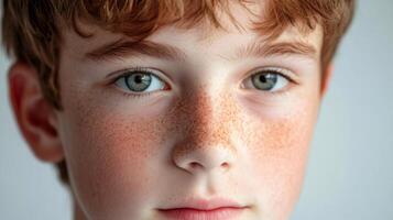 Boy with red hair and freckles is looking at the camera. He has a green eye and a nose with a red spot photo