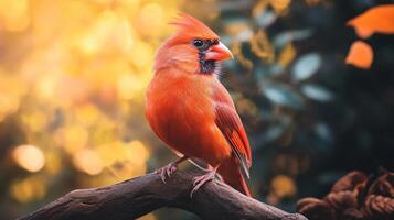 Red cardinal perched on a branch. The bird is looking to the right. The image has a warm, peaceful feeling photo