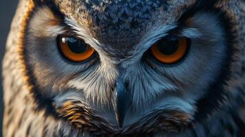 Close up of an owl's face with its eyes open and staring at the camera. The owl's eyes are large and bright, giving the impression of a fierce and intense gaze. Concept of mystery and intrigue photo