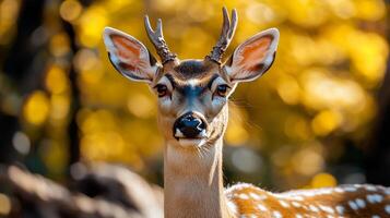 Deer with antlers is standing in a forest. The deer has a curious look on its face photo