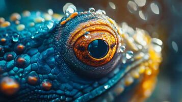 Close up of a frog's eye with water droplets on it. The eye is surrounded by a blue and orange pattern photo