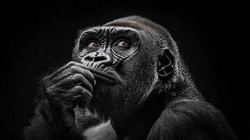 Close up of a gorilla's face with its mouth open. The image is black and white and has a moody, mysterious feel to it photo