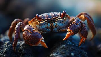 Crab is shown in a close up of its face. The crab is brown and has a red stripe on its face photo