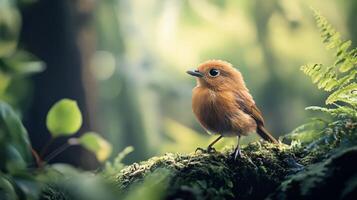 Small brown bird is perched on a mossy log in a lush green forest. The bird appears to be looking up, possibly searching for food or observing its surroundings photo