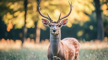 Deer with antlers stands in a field of grass. The deer is looking to the right photo