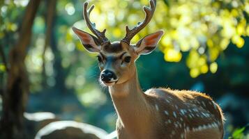 Deer with antlers is standing in a forest. The deer is looking at the camera. The forest is lush and green, with sunlight filtering through the trees photo