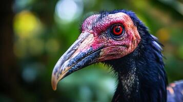 Bird with a red beak and red eyes is standing in a green forest. The bird's eyes are bright red, and its beak is also red photo