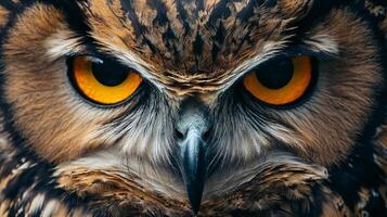 Close up of an owl's face with its eyes open and staring at the camera. The owl's eyes are yellow and it has a fierce expression on its face photo