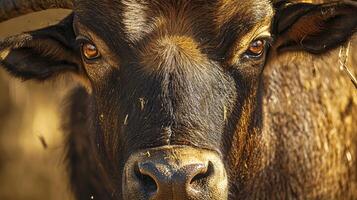 Close up of a brown cow's face with its eyes open. The cow's face is covered in dirt and it has a fierce look on its face photo
