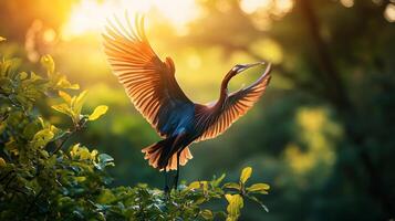 Bird is flying in the air with its wings spread out. The bird is in a lush green forest with lots of trees and leaves. The sunlight is shining on the bird, making it look vibrant and alive photo