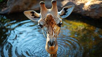 Giraffe is drinking water from a pond. The water is calm and clear, and the giraffe is looking directly at the camera. The scene is peaceful and serene photo