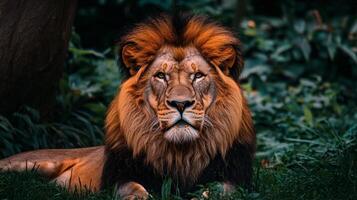 Lion is laying in the grass with its head up. The lion is looking at the camera photo