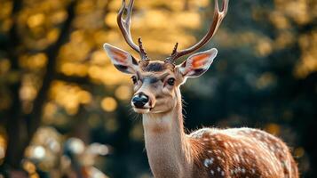 Deer with antlers is standing in a forest. The deer is looking at the camera. The forest is filled with trees and leaves, creating a peaceful and serene atmosphere photo