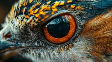 Close up of a bird's eye with a red iris. The eye is surrounded by feathers and the bird's head is visible in the background. Concept of curiosity and wonder photo
