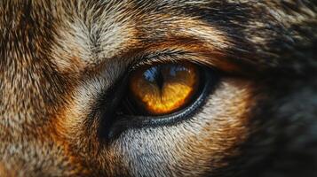 Close up of a dog's eye with a yellowish tint. The eye is surrounded by fur and he is looking at the camera photo