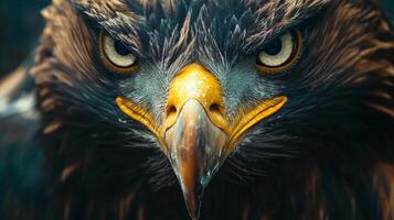 Close up of an eagle's face with its eyes wide open and its mouth open. The eagle's expression is angry and aggressive photo
